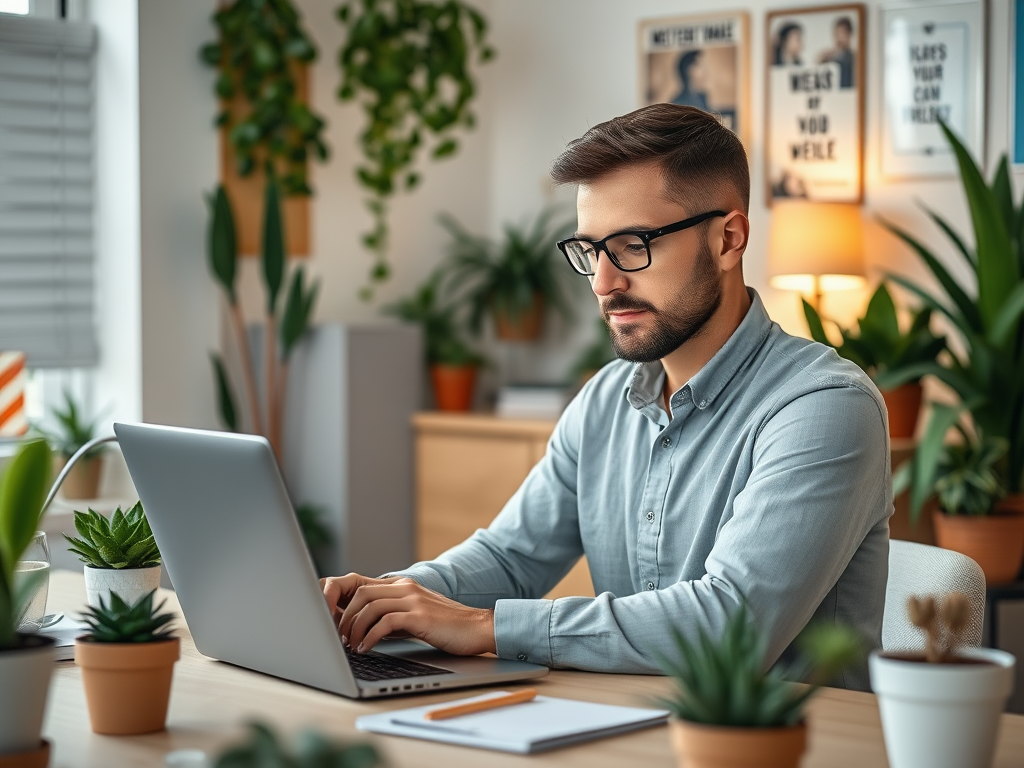 A focused man working on a laptop in a plant-filled home office, surrounded by green plants and decor.