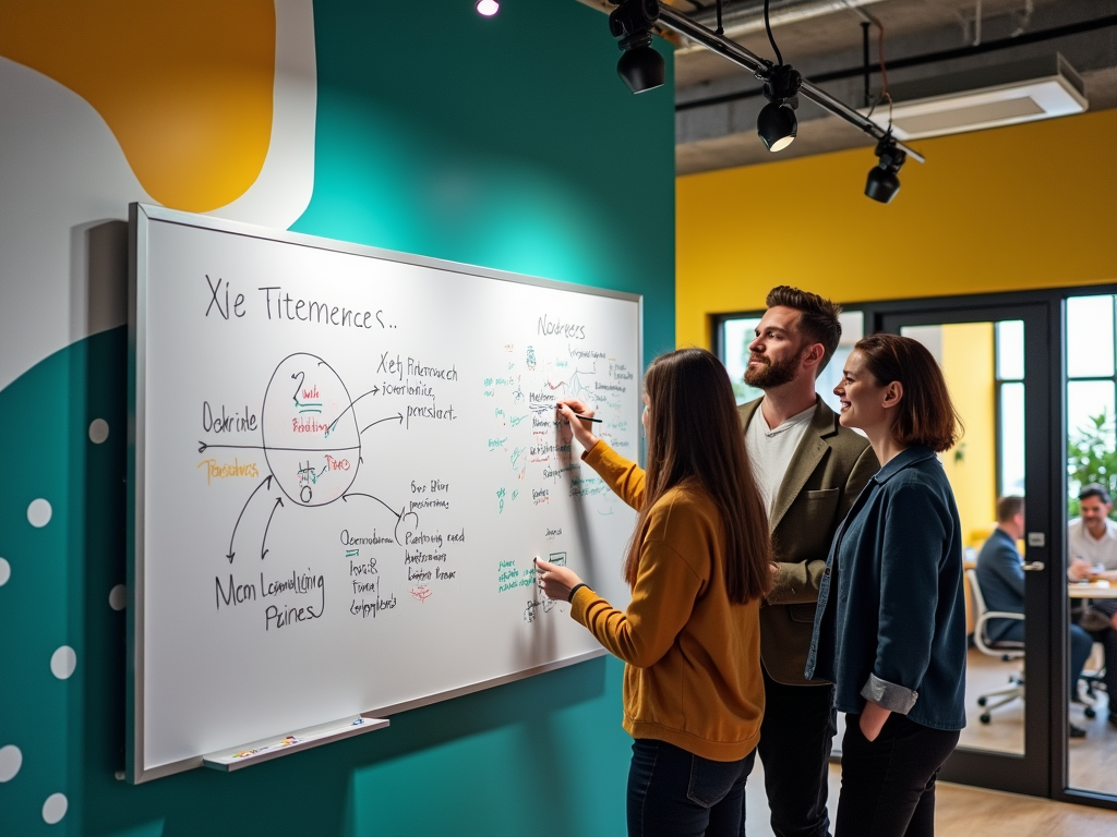 Three people collaborate at a whiteboard in a bright office, brainstorming ideas and writing notes together.