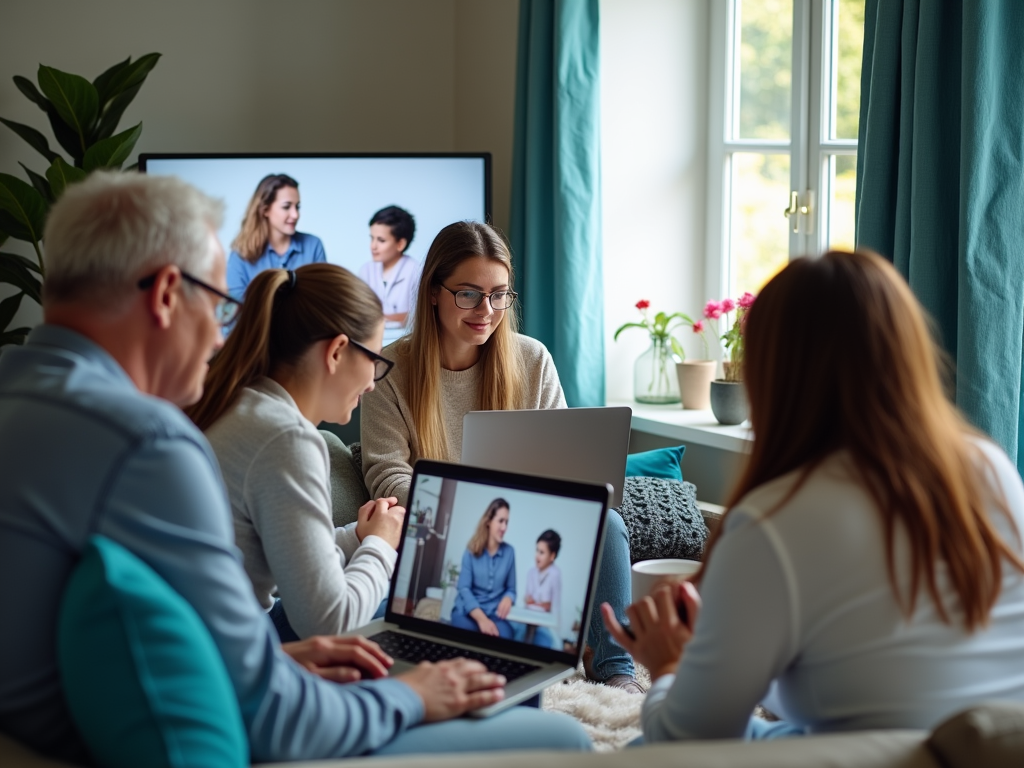 A group of four people is engaged in a discussion, viewing screens with educational content in a cozy room.