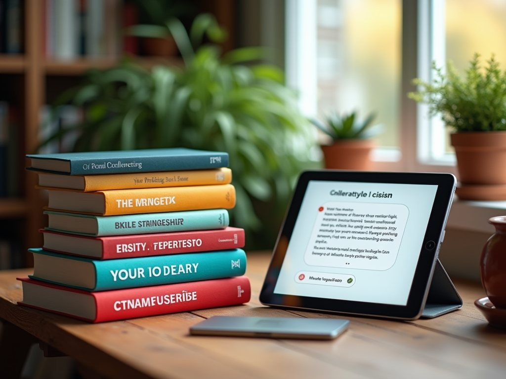 A stack of colorful books next to a tablet displaying text, with plants and a cozy setting in the background.