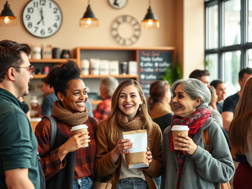A group of friends enjoying coffee and laughing together in a cozy café setting. Warm atmosphere and smiles abound.