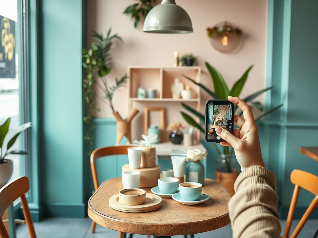 A cozy café scene with a person photographing stylish coffee cups and décor on a wooden table.