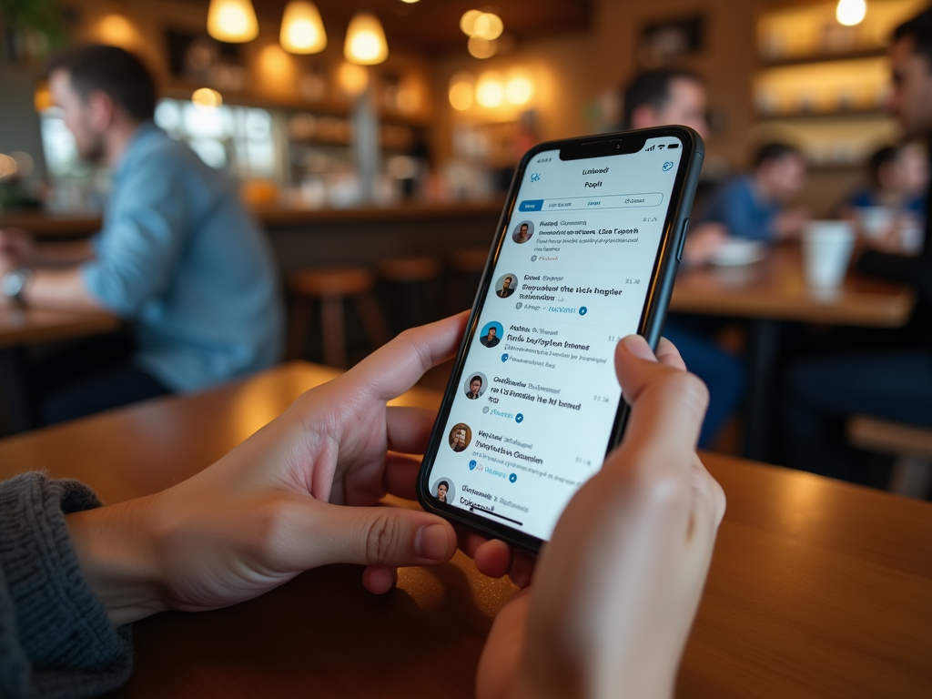 Person browsing social media on a smartphone in a busy café.