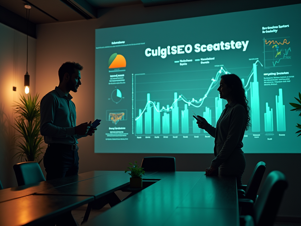 Two professionals discussing data in a dimly lit meeting room with a large presentation screen.