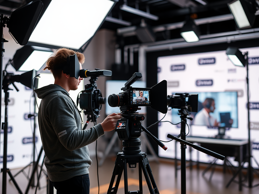 A camera operator adjusts equipment in a studio setup, with bright lights and a screen displaying a video call.