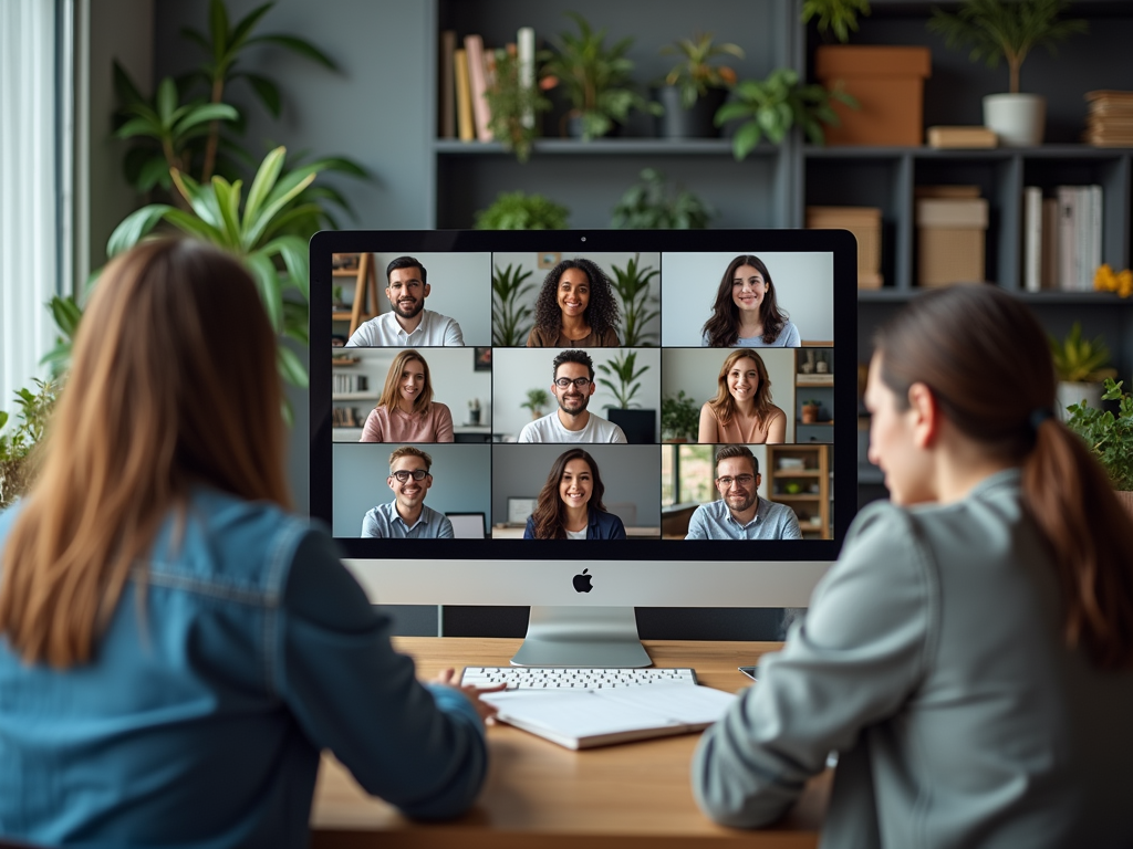 Two women in an office participating in a virtual meeting with nine smiling colleagues displayed on a computer screen.