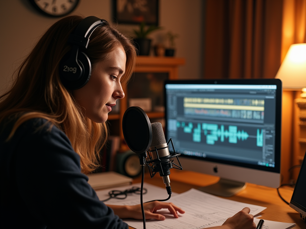 Woman recording audio with microphone and headphones, editing on computer in a cozy room.