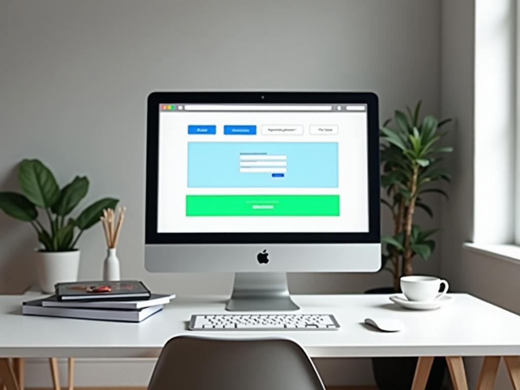 Modern workspace with an iMac displaying a login screen, books, a coffee cup, and indoor plants.