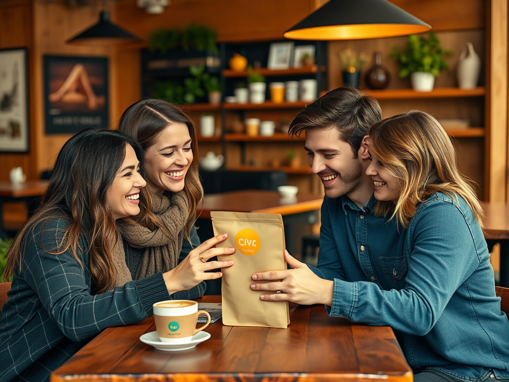 Four friends gather around a table in a cozy café, smiling as they open a bag while enjoying coffee.