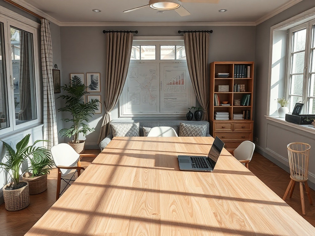 A bright, modern meeting room with a large wooden table, laptop, plants, and cozy seating by the windows.