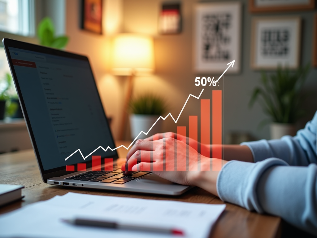 Person working on a laptop with a digital graph showing 50% growth overlay.