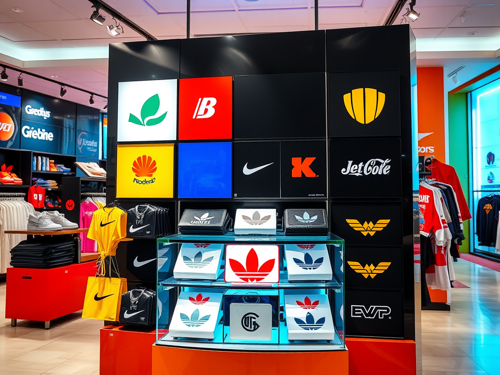 A display in a sports store features various brand logos, including Nike, Adidas, and others, with colorful apparel nearby.