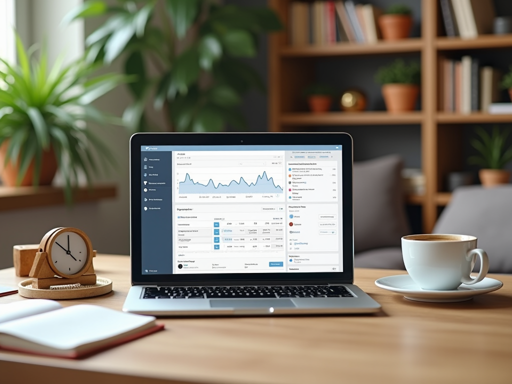 Laptop displaying analytics on desk with coffee cup, clock, and notepad in a cozy home office.