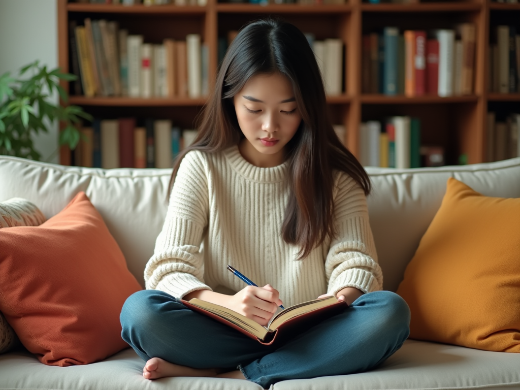 Young woman writing in a notebook while seated cross-legged on a couch, with bookshelves in the background.