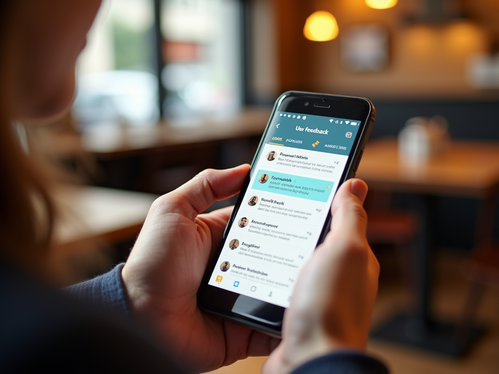 A person holding a smartphone displaying a user feedback app in a cozy café setting.