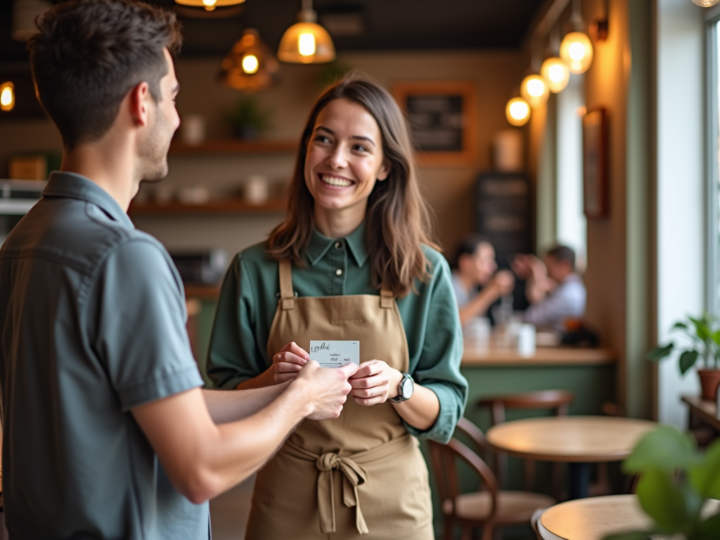 A waitress hands a card to a customer in a cozy café setting.