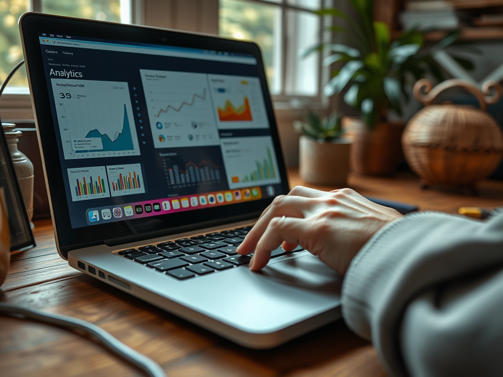 A person's hand typing on a laptop with analytics graphs displayed on the screen, placed on a wooden desk.