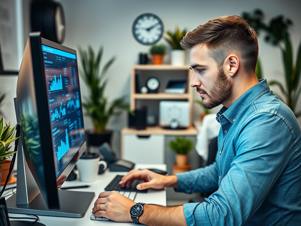 A young man is focused on a computer screen displaying data charts in a modern office with plants in the background.