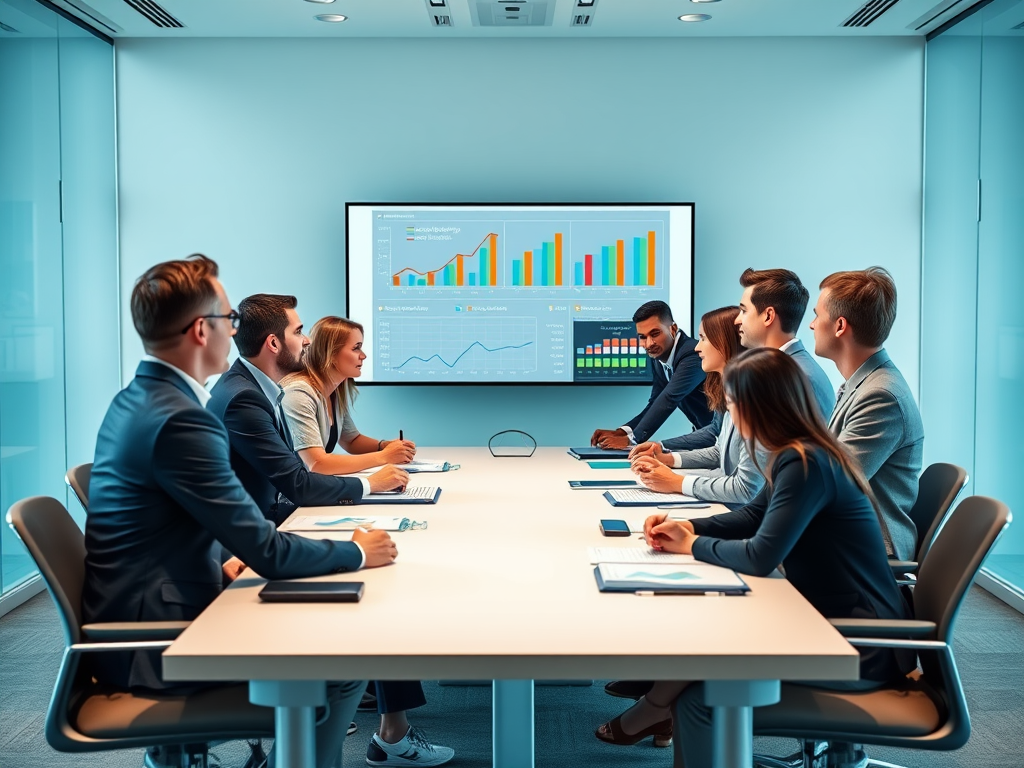 A business meeting with eight professionals discussing data displayed on a screen in a modern conference room.