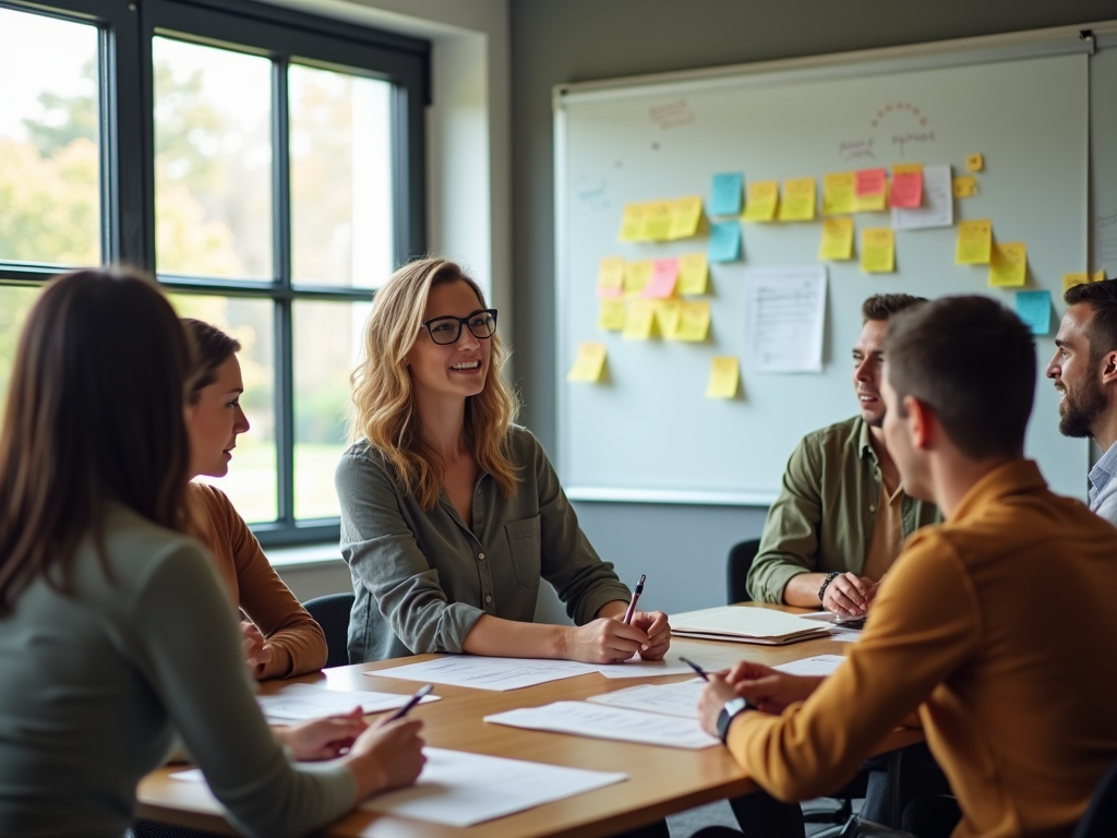 A group of people engaged in a meeting with notes and ideas on a whiteboard in a bright, modern workspace.