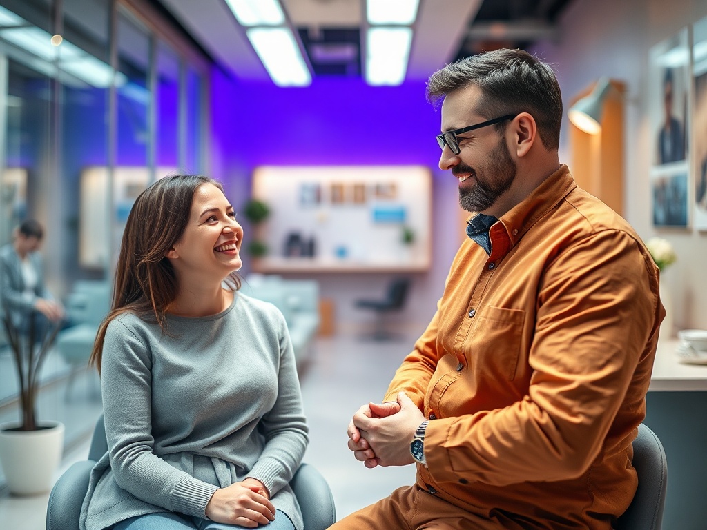 A man and a woman sit facing each other, smiling, in a modern, brightly lit office space.