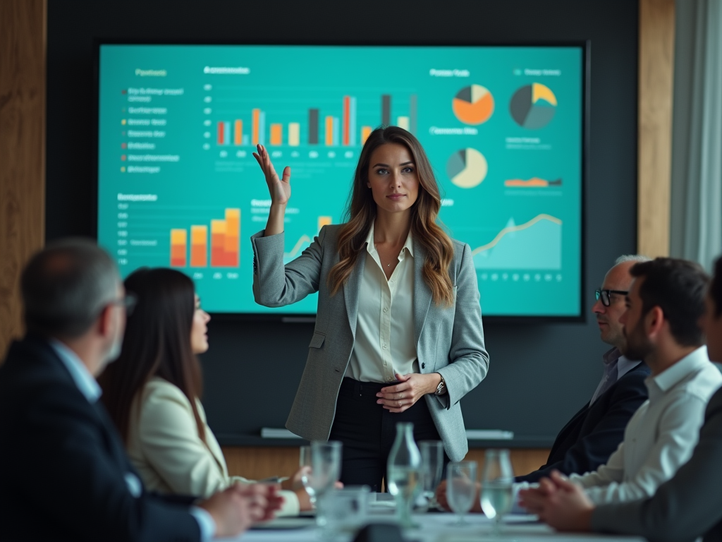 Businesswoman presenting data charts on screen to colleagues in a meeting room.