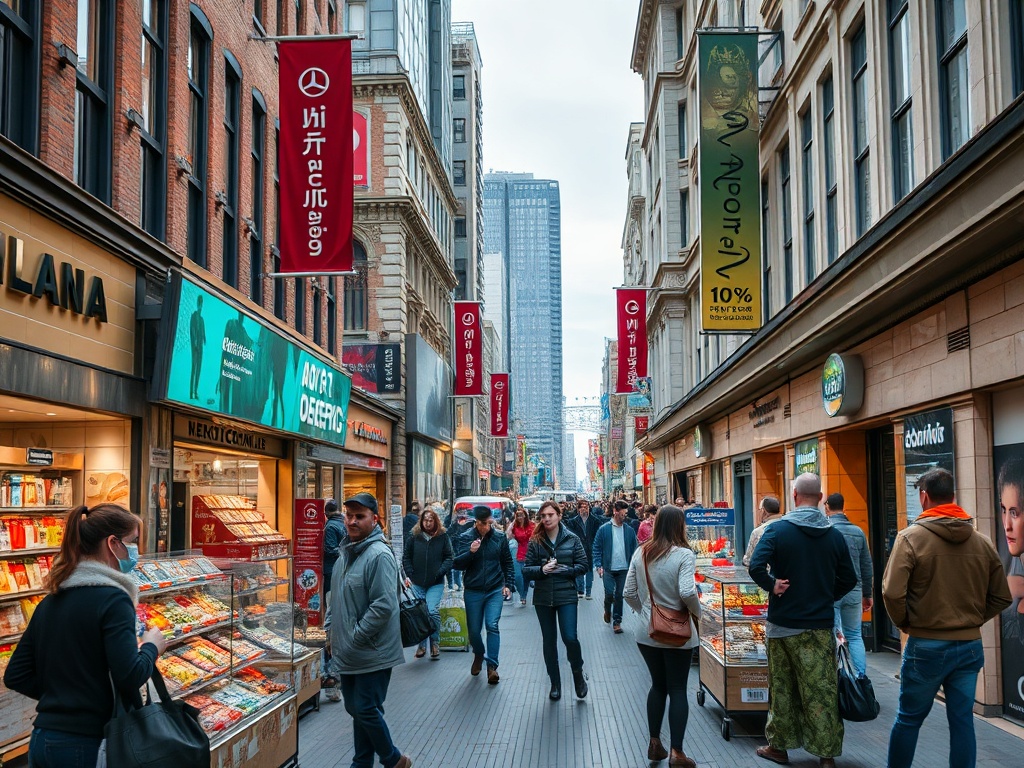 A bustling street scene with shops, pedestrians, and colorful signage on modern buildings in an urban area.