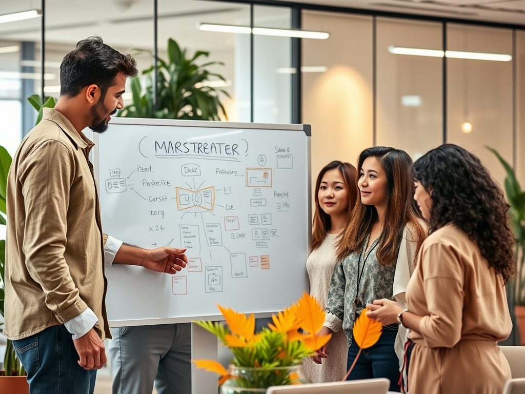 A group of professionals discuss a project in a modern office, focusing on a whiteboard filled with ideas.