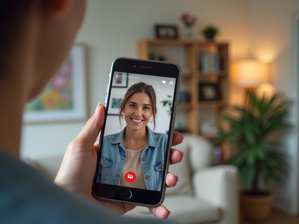 A woman smiles while video calling on her smartphone, with a cozy living room in the background.