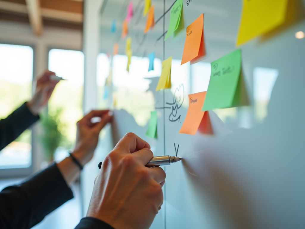 Professionals adding sticky notes on glass board during a strategy meeting.