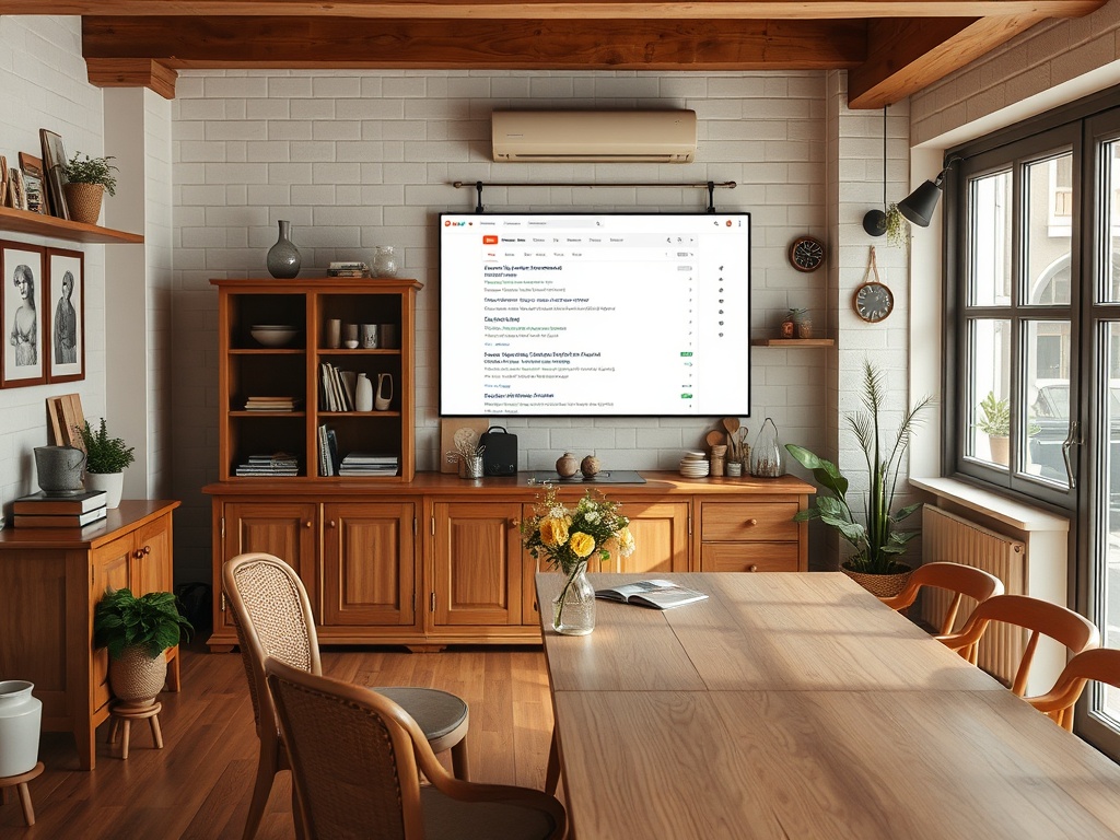 A cozy, modern living room features wooden furniture, plants, and a TV displaying a list of items on a white wall.