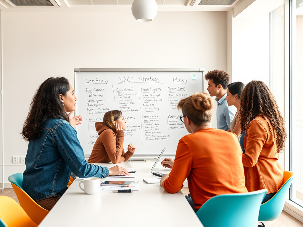 A diverse group of people collaborates in a meeting room, discussing SEO strategies in front of a whiteboard.