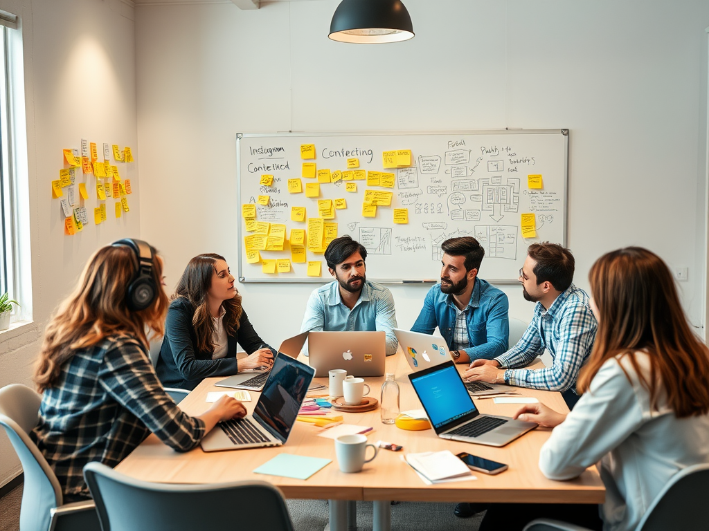 A group of six people in a meeting room with laptops, discussing ideas and brainstorming on a whiteboard.