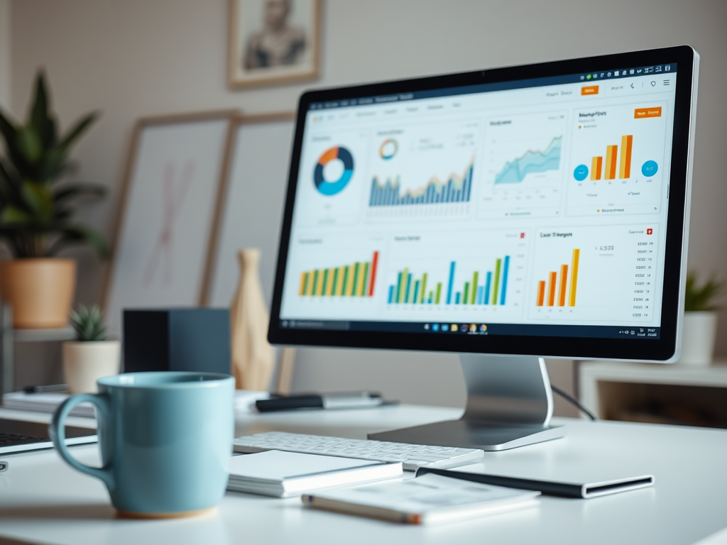 A modern workspace with a computer displaying colorful graphs and charts, a coffee mug, and various office supplies.