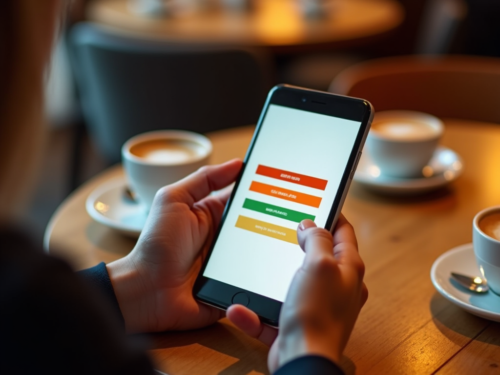 Person using a smartphone with a survey app open, sitting at a table with a coffee cup in a cozy café.