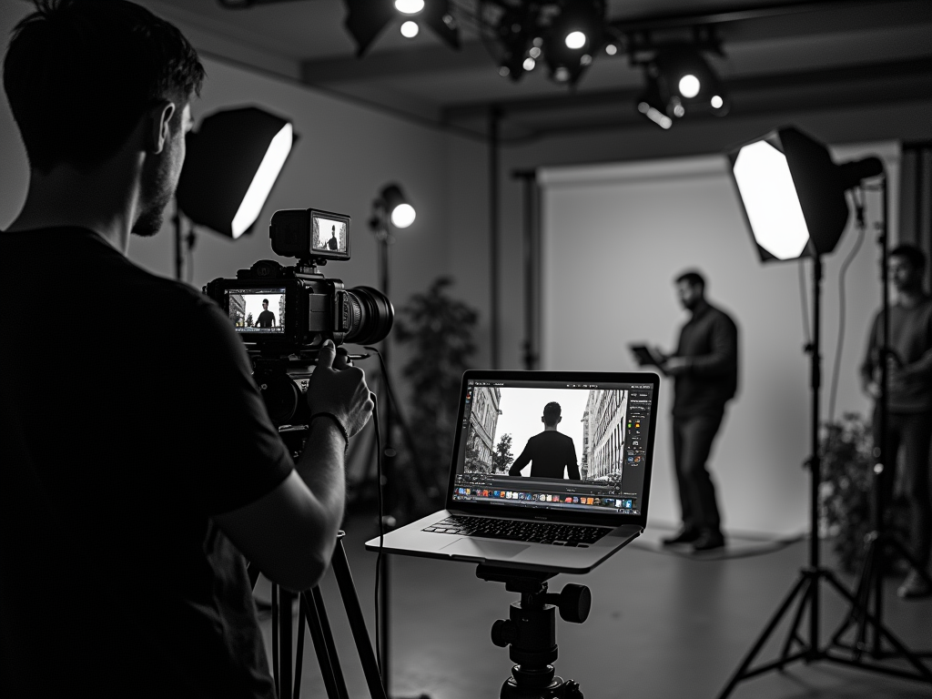 A photographer captures a model on set, while editing on a laptop in a studio with softbox lights.