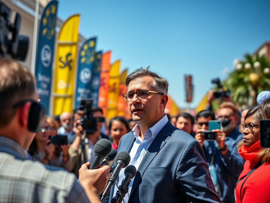 A man in a suit speaks at a press conference, surrounded by a crowd and colorful banners under a clear blue sky.