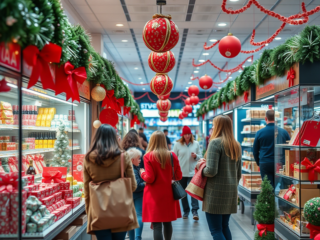 A festive shopping aisle decorated with red ribbons, ornaments, and holiday treats, filled with shoppers.