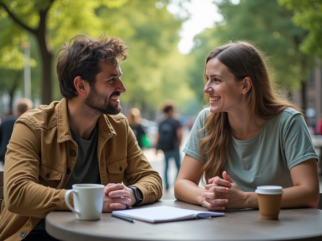 Two people happily chatting over coffee at an outdoor cafe table.