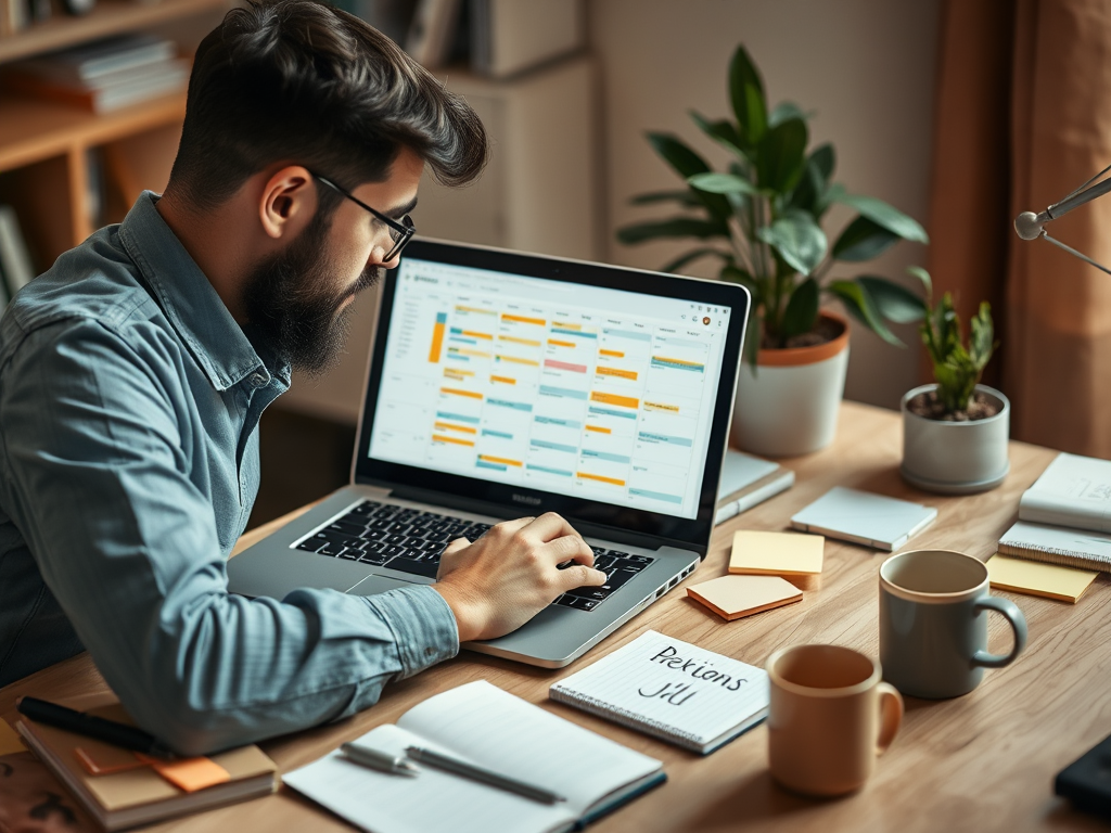 A man with glasses works on a laptop, surrounded by plants, notebooks, and mugs on a desk.