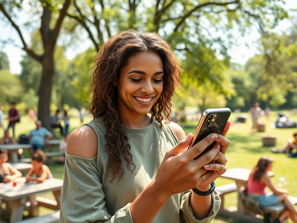 A woman smiles at her phone while sitting in a sunny park, with people enjoying the outdoors in the background.