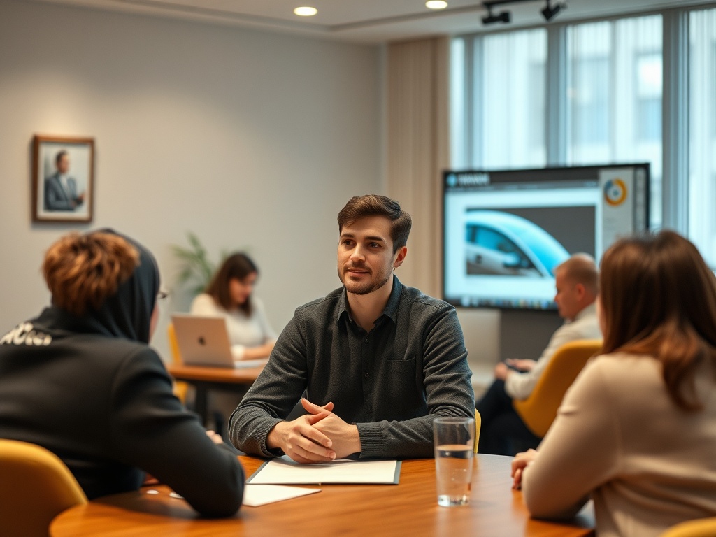 A group meeting in a modern office, featuring four people discussing at a table with laptops and a screen in the background.