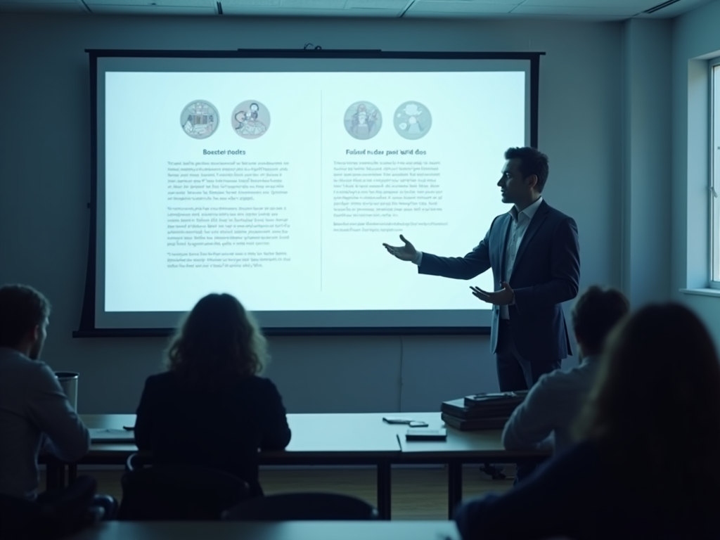 A man presenting to a group in a meeting room with projection of slides on a screen.