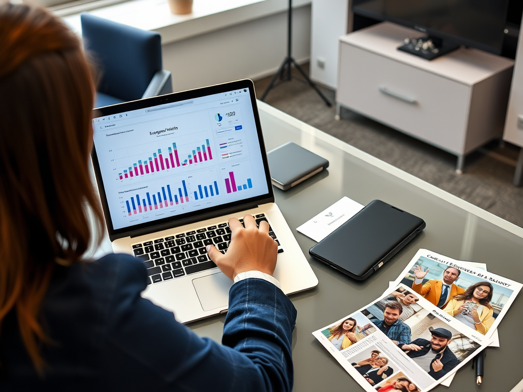 A person working on a laptop displaying colorful graphs, with printed photos and notebooks on the table.