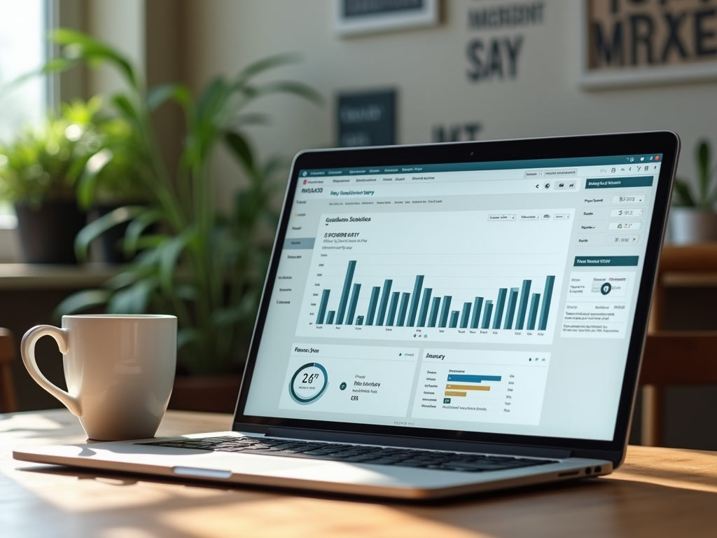 Laptop displaying graphs and charts on screen with a white mug beside it, on a sunny desk with plants in background.