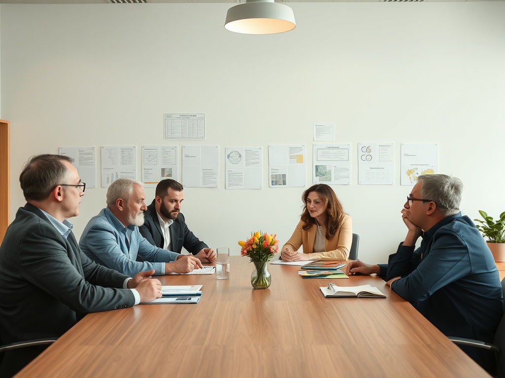 A group of five professionals engaged in a meeting at a conference table with notes and a flower arrangement.