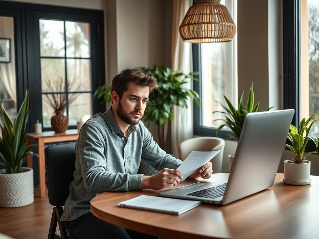 A man sits at a desk, reviewing documents with a laptop and plants surrounding him in a well-lit room.