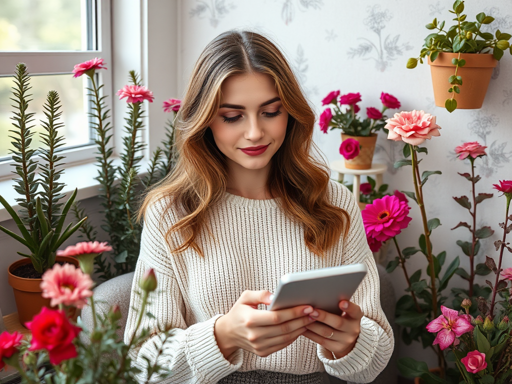 A young woman in a cozy sweater is sitting among potted flowers, looking at her smartphone with a thoughtful expression.