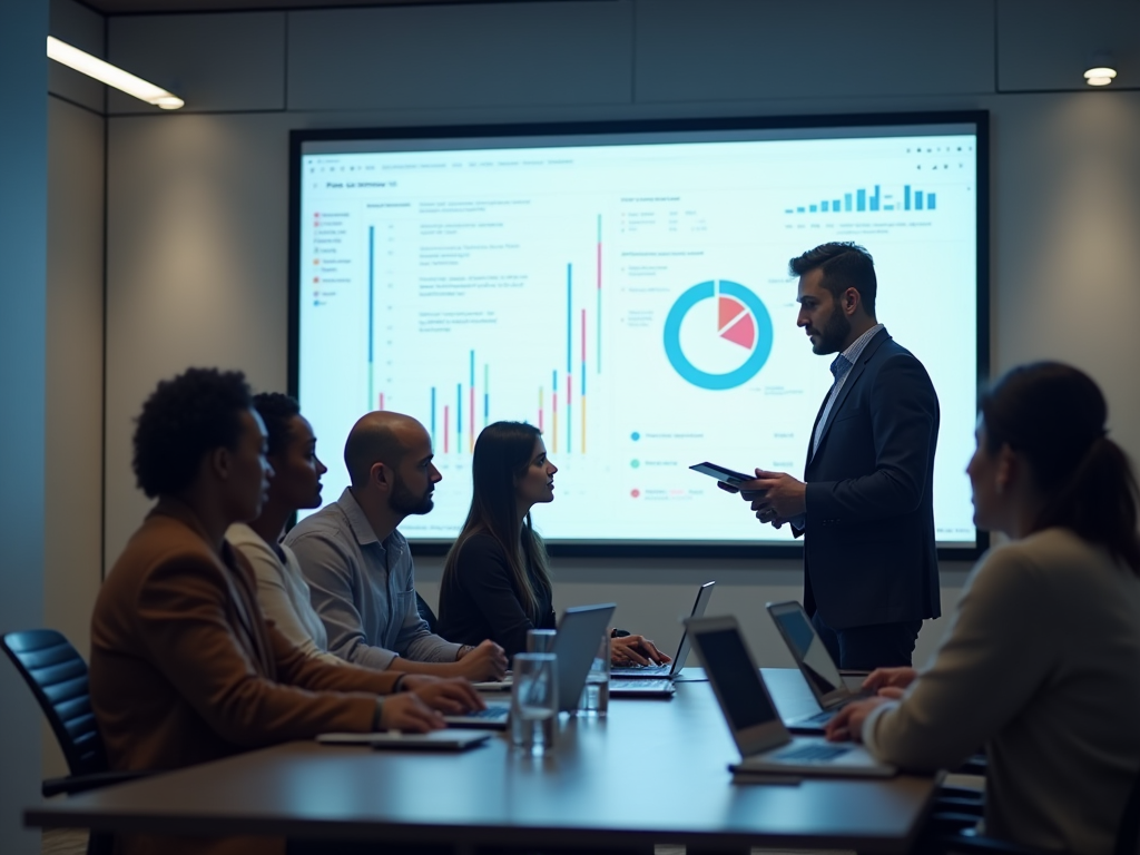 Man presenting data to colleagues in a meeting room with a digital screen showing graphs.