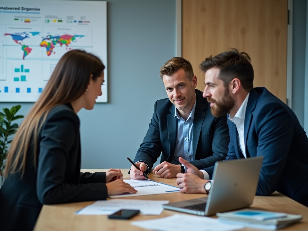 Three professionals engaged in a meeting at a table, discussing documents with a laptop and a world map in the background.